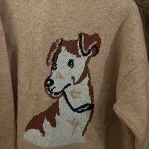 Tan Sweater with Dog terrier Design open fit cardigan nwot